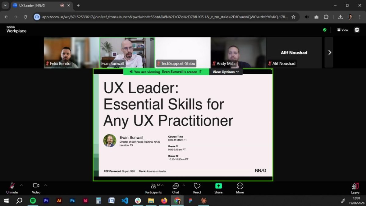 Felix Benito attending the NN/g UX Leader course on a video call, viewing the Essential Skills for Any UX Practitioner session