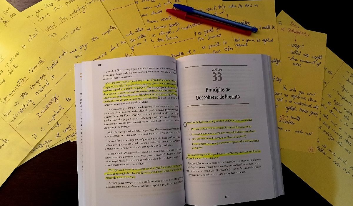 Handwritten study notes on product discovery beside an open copy of Inspired, on product-discovery principles